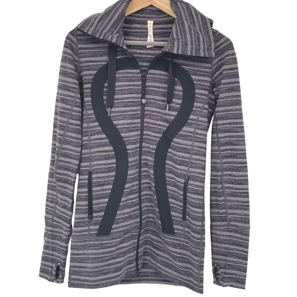Lululemon Stride‎ Jacket Striped Purple Black Gray with Thumbholes Size 4